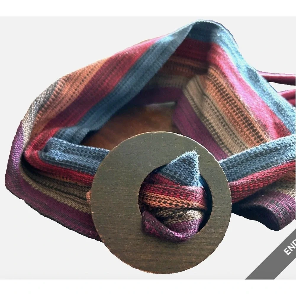 Bohemian MultiColor Woven Belt M Round Wooden Buckle Hippie Festival Wide Cinch